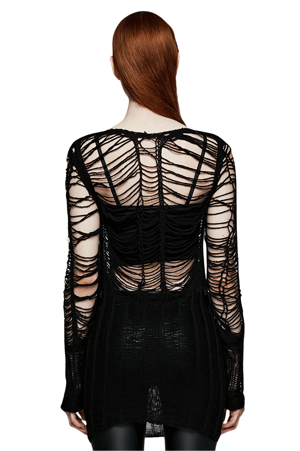 Back view of a ripped black gothic punk long sleeve sweater showcasing its hollow design and edgy style.
