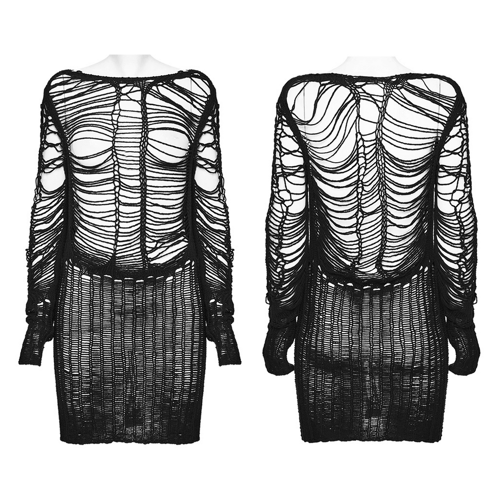 Ripped black gothic punk long sleeve sweater with hollow out design, perfect for edgy fashion statements.