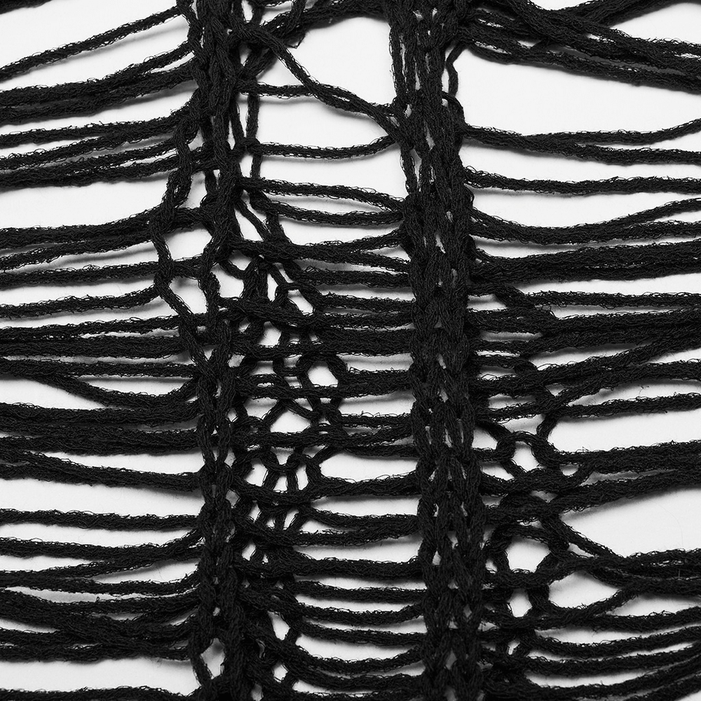Close-up of ripped black knitted fabric for a gothic punk long sleeve sweater, showcasing edgy, hollow-out details.