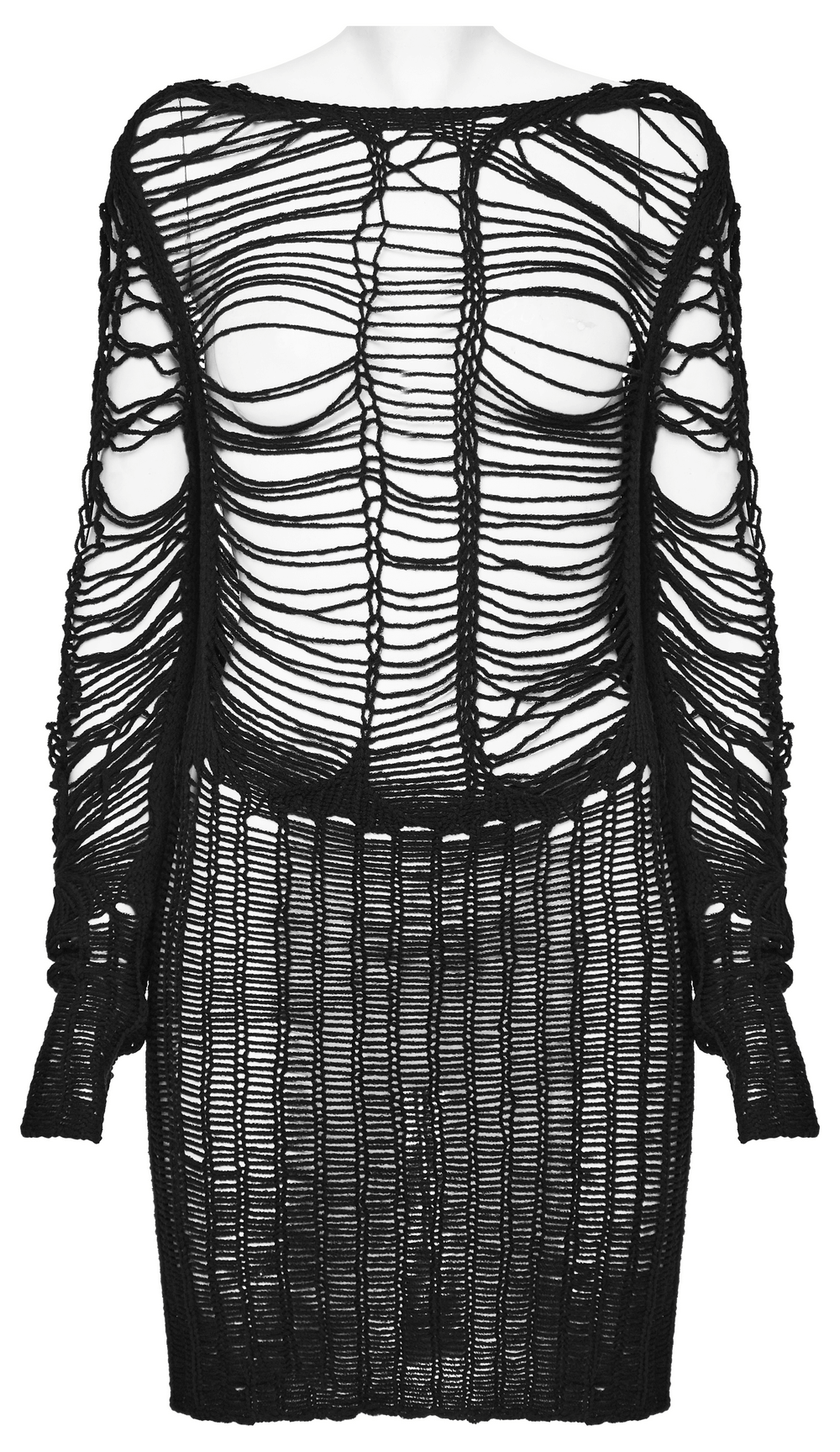 Ripped black gothic punk long sleeve sweater with hollow out design, showcasing edgy knitted texture.