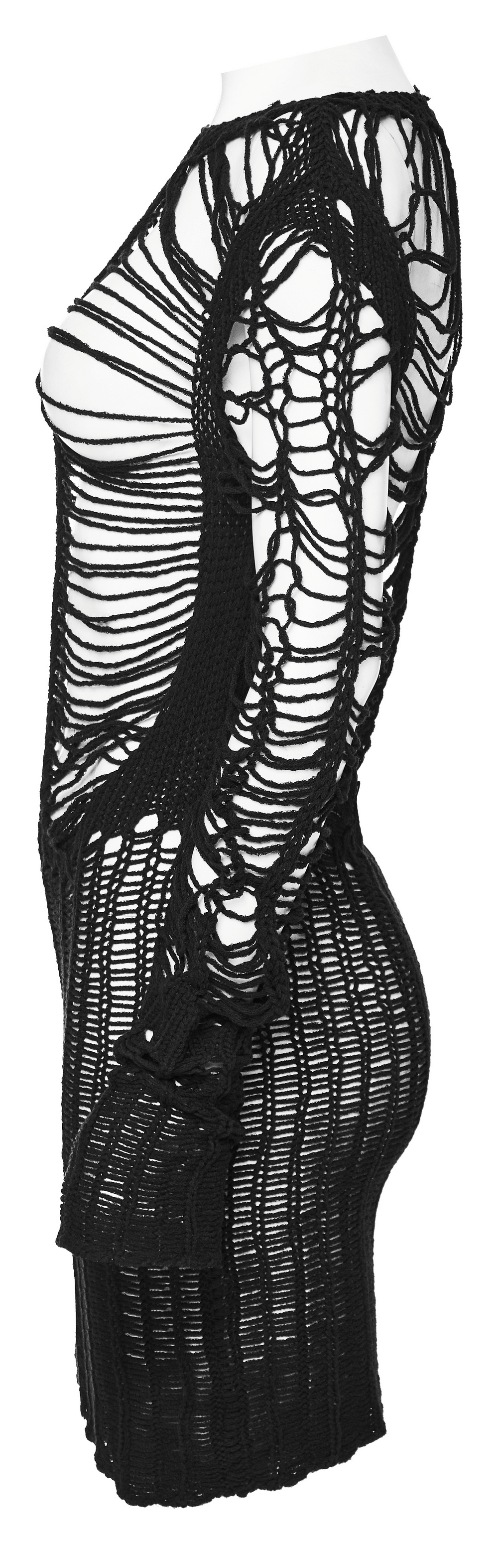 Ripped black gothic punk long sleeve sweater showcasing unique hollow design, perfect for edgy fashion lovers.