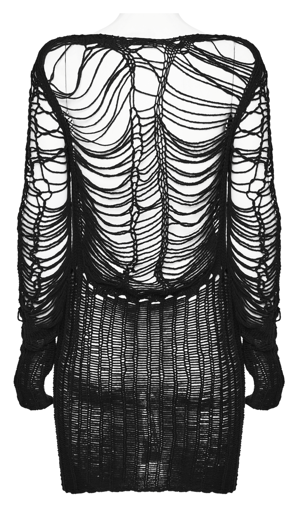 Ripped black gothic punk long sleeve sweater with hollow design, perfect for edgy fashion lovers.