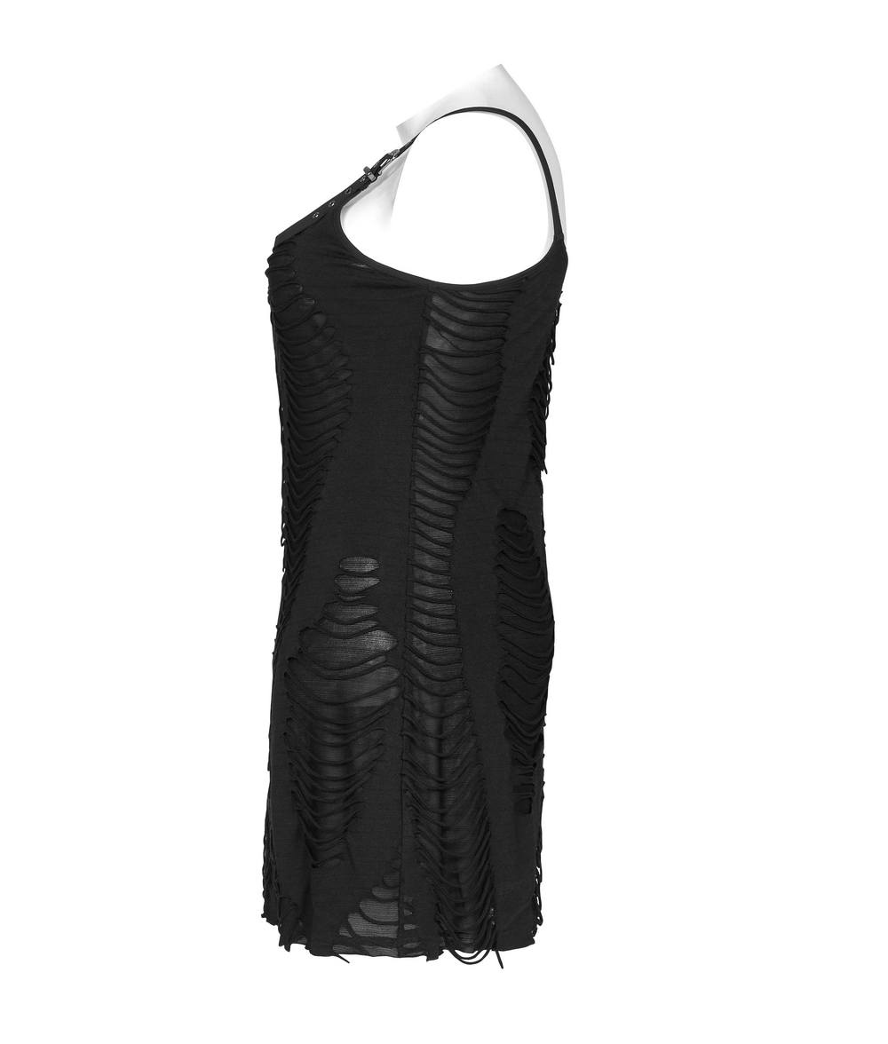 Ripped Knit Black Mini Dress with Eyelet Straps