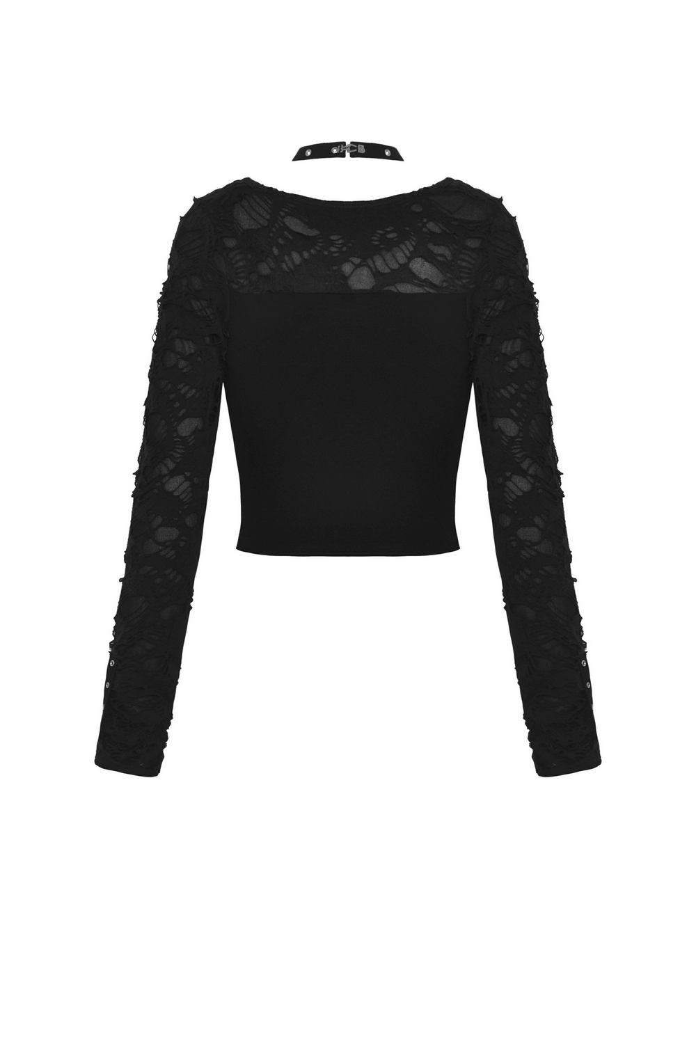 Back view of the black ripped long sleeves crop top featuring lace-up detailing and a deep neckline.
