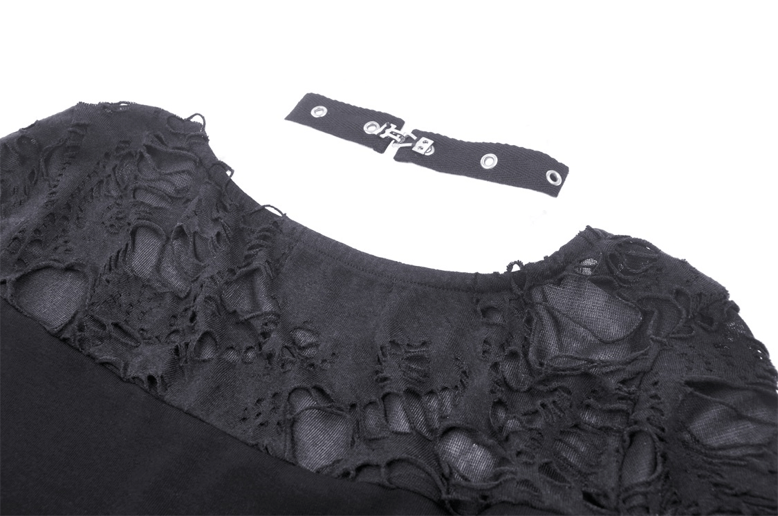Black ripped long sleeves crop top with lace-up back detail, showcasing an edgy rock style in a fashionable design.