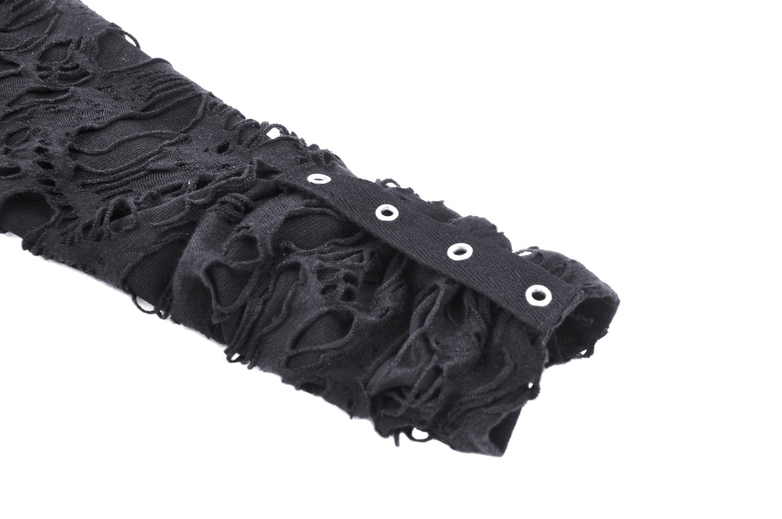 Close-up of a black ripped long sleeve with grommet detailing on the cuff, showcasing edgy style and texture.
