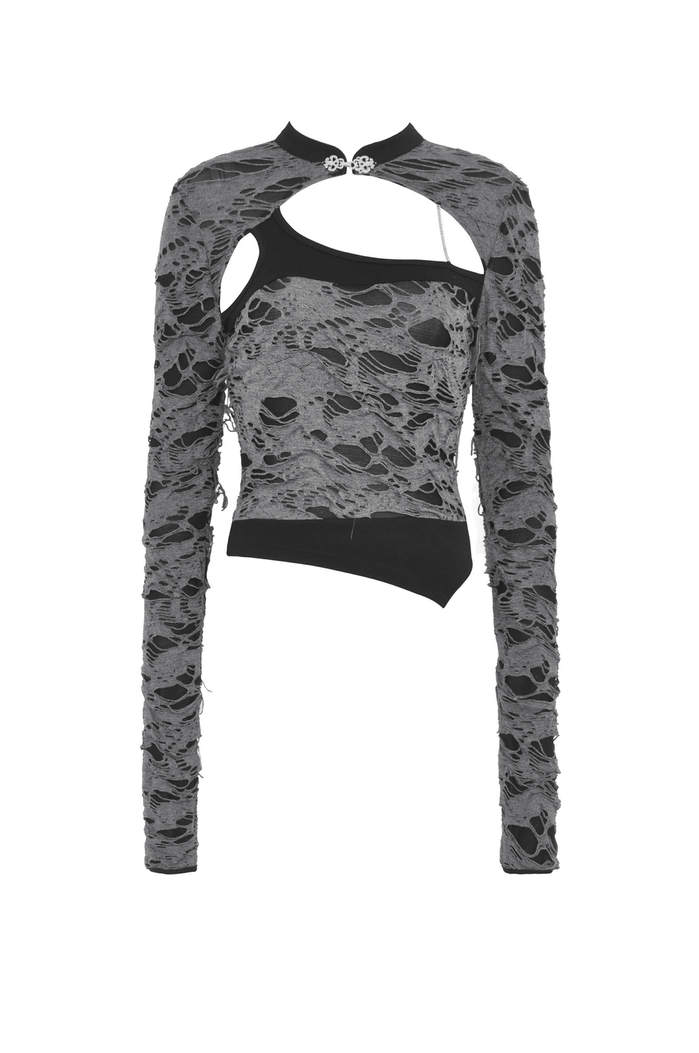 Ripped Mesh Long Sleeve Top with metal eyelets and asymmetric neckline in black, perfect for edgy fashion lovers.