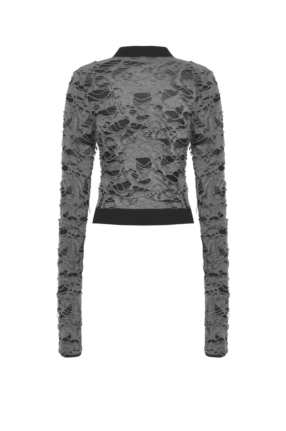 Ripped mesh long-sleeved top featuring metal eyelets, stylish black fabric with a unique edgy design.