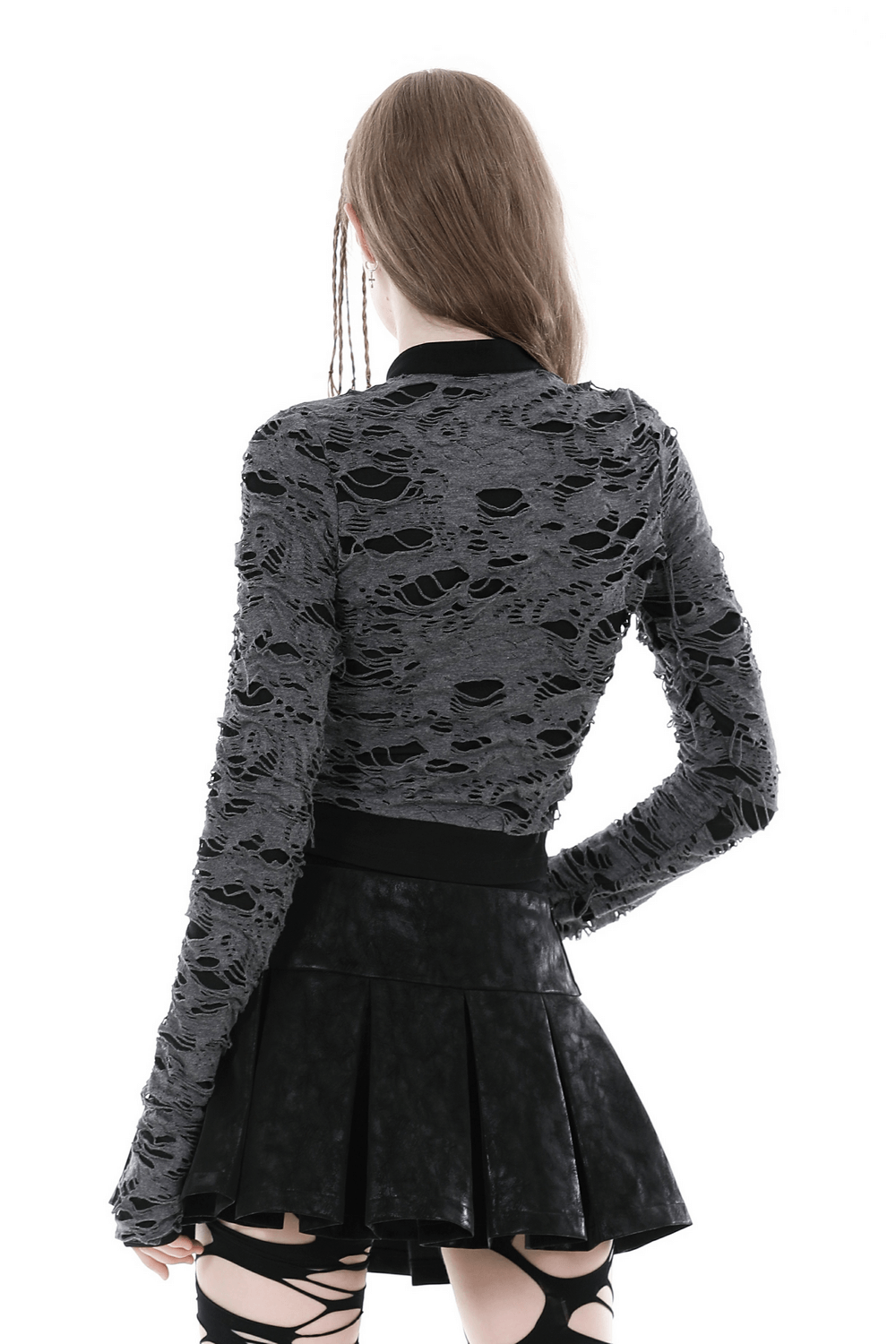 Back view of a stylish ripped mesh long-sleeved top, showcasing its edgy design and cropped silhouette.