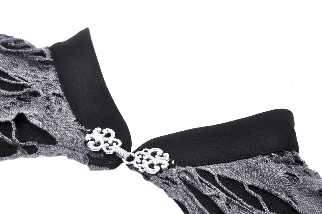 Ripped mesh long sleeved top with metal eyelet detail and stylish black neckline.