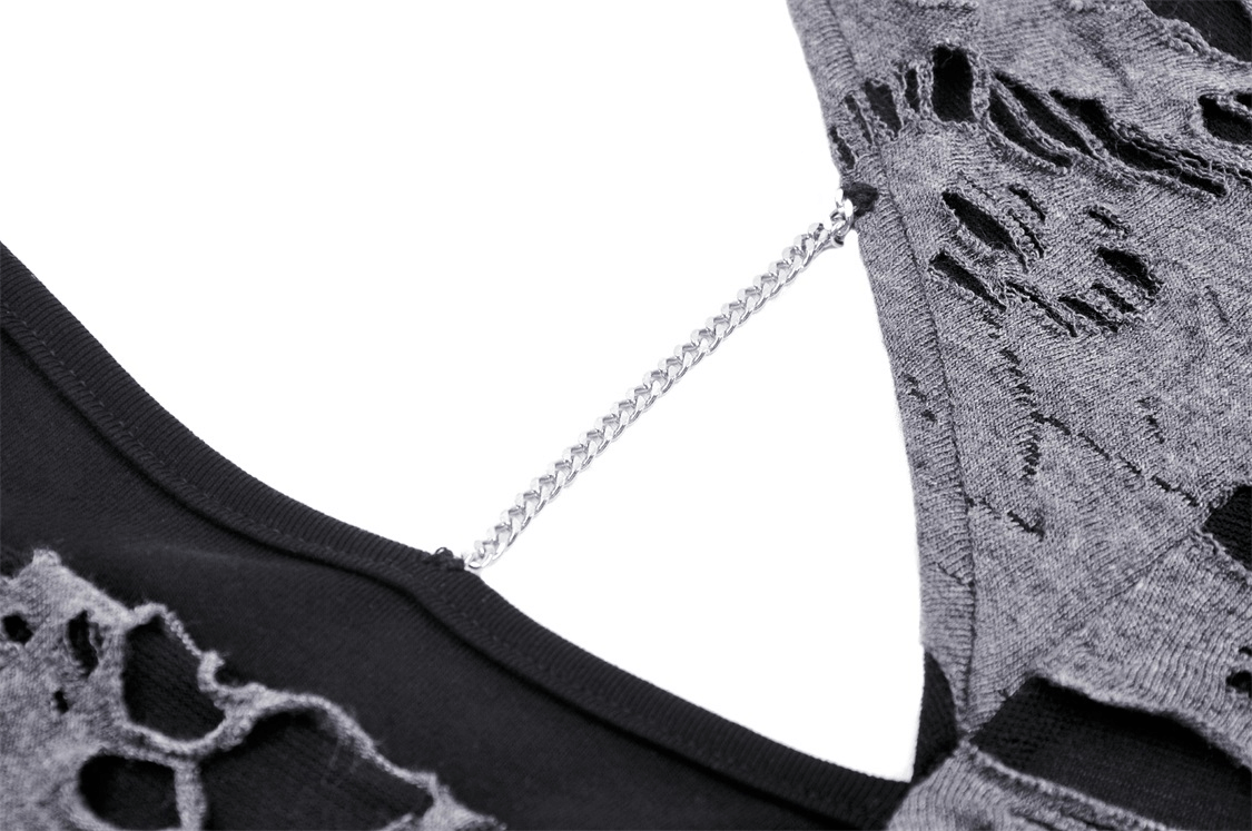 Close-up of ripped black mesh long-sleeved top showcasing metal eyelet and chain detail.