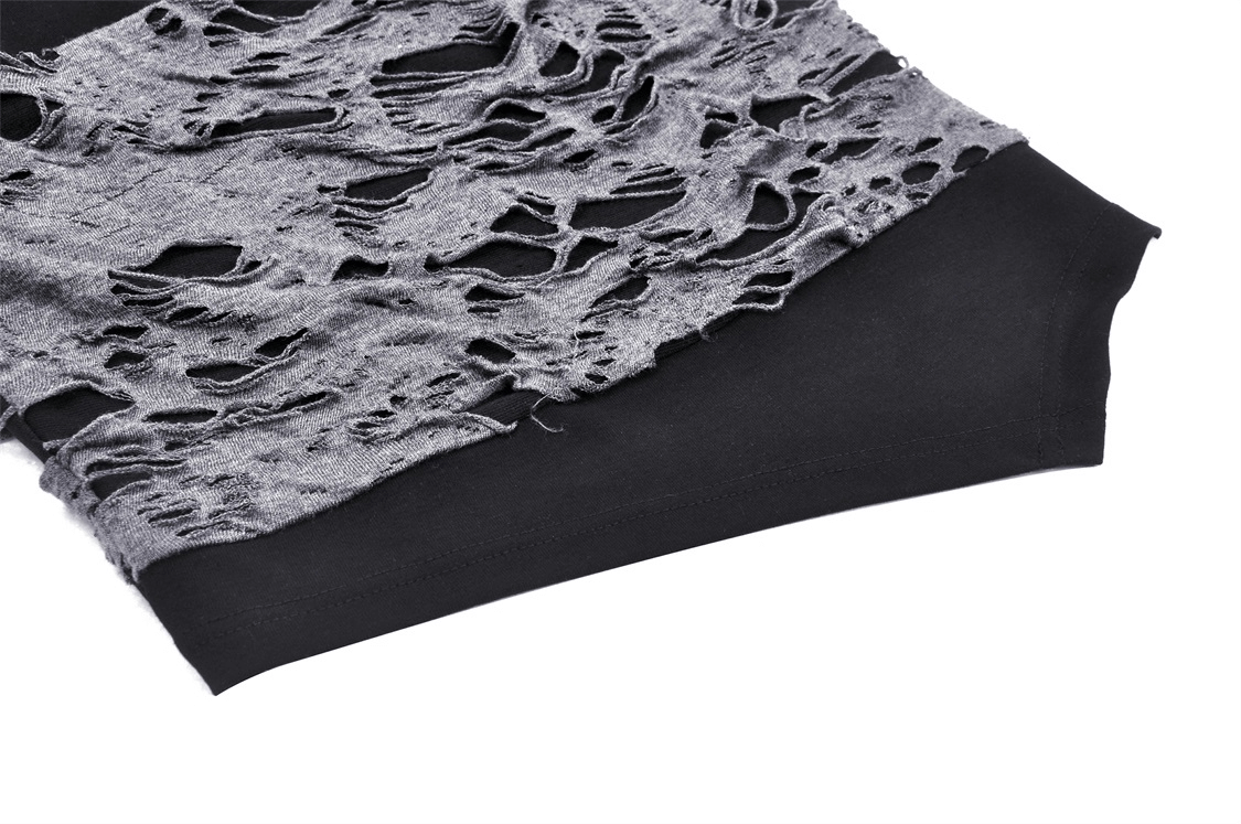Ripped mesh long sleeved top showcasing edgy ripped panels and sleek black fabric, perfect for a punk rock style.