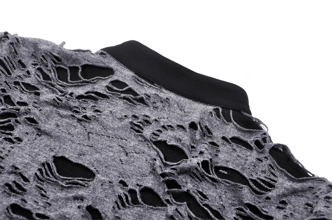 Ripped mesh long sleeved top with black collar showcasing edgy details and punk-inspired design.