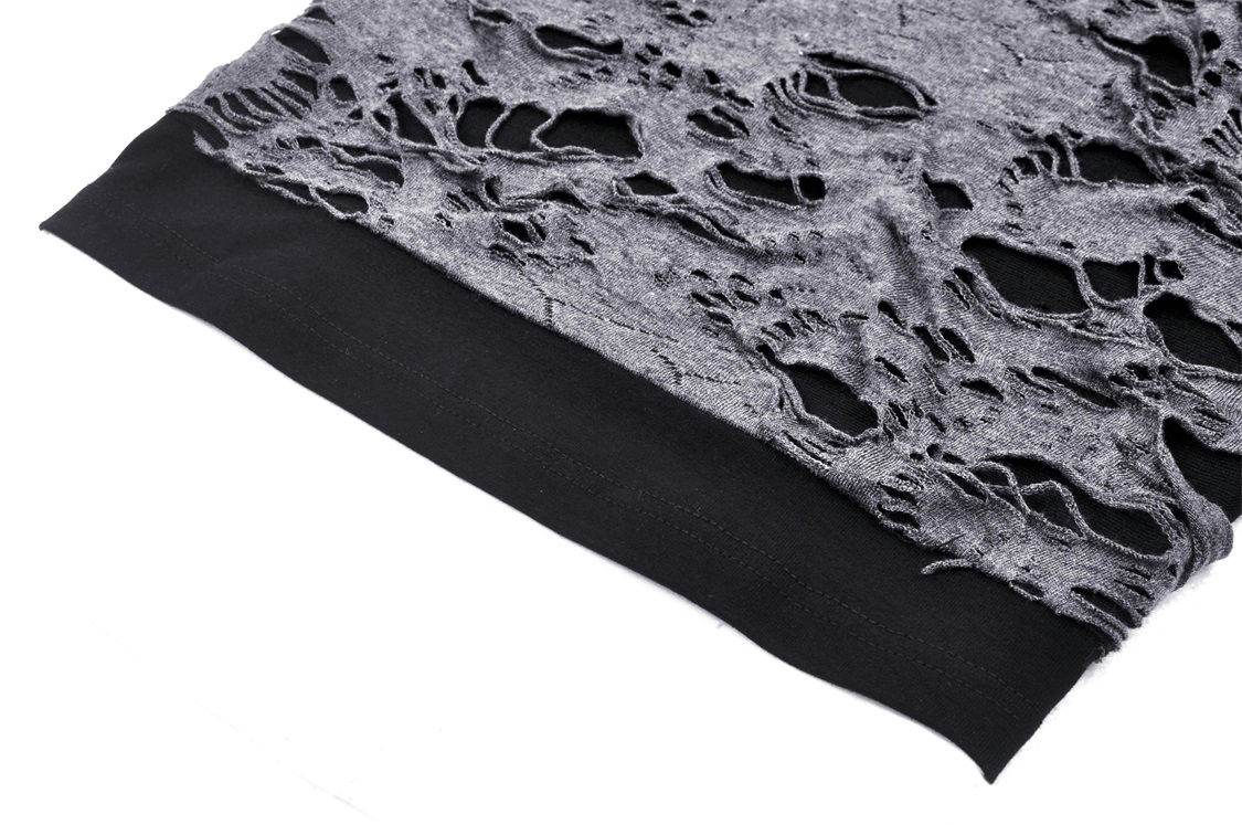 Close-up of ripped mesh long-sleeved top showcasing edgy details and black trim for a bold punk look.