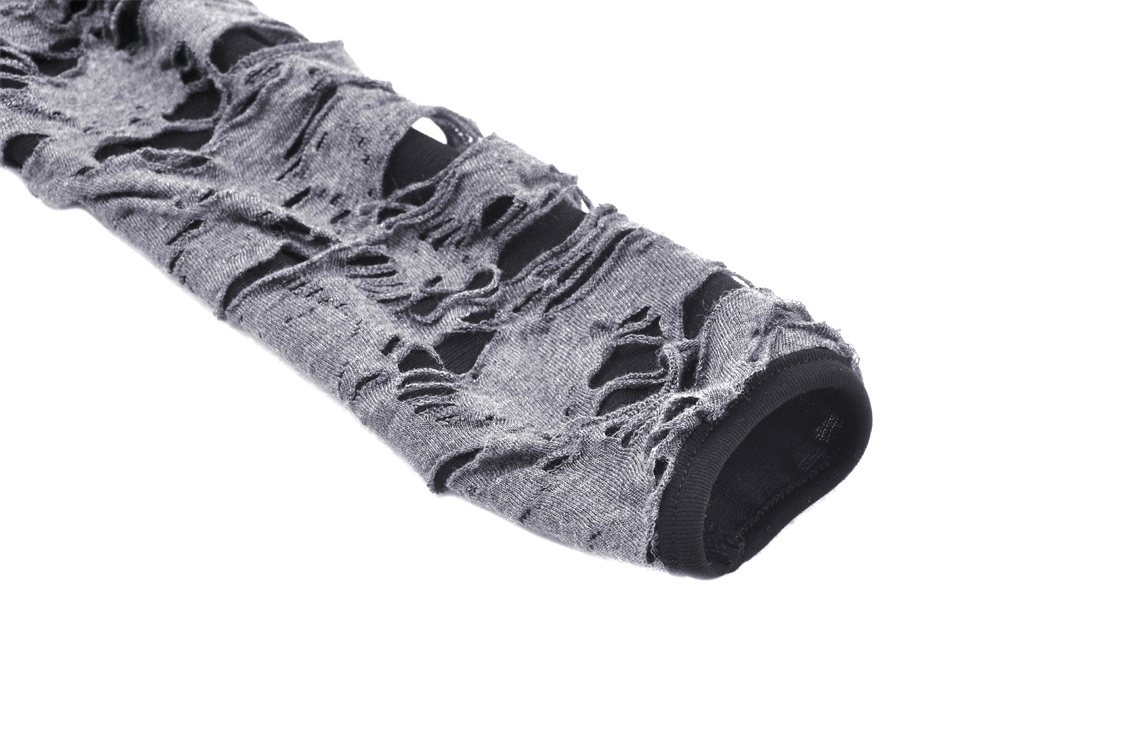 Close-up of the edgy ripped mesh sleeve featuring stylish cutouts and a unique texture for a punk-inspired look.