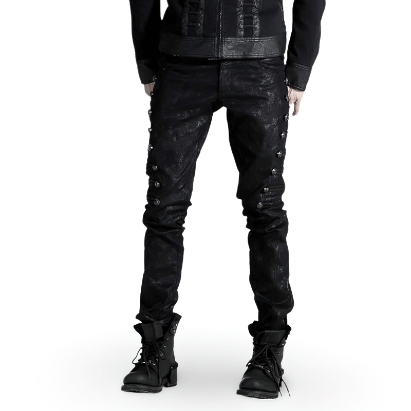 Rivet-side embellished punk rock jeans for men with studded detailing and stylish black finish.