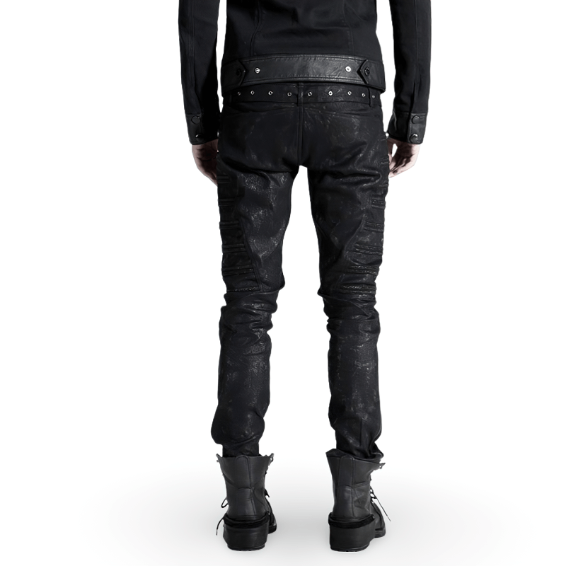 Back view of men's rivet-side embellished punk rock jeans, showcasing studded detailing and slim fit style.