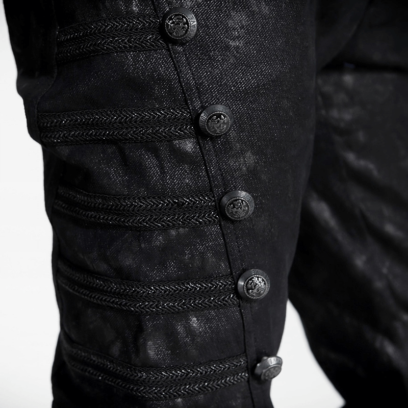Close-up of rivet-side embellished punk rock jeans for men, highlighting stylish side detailing and buttons.