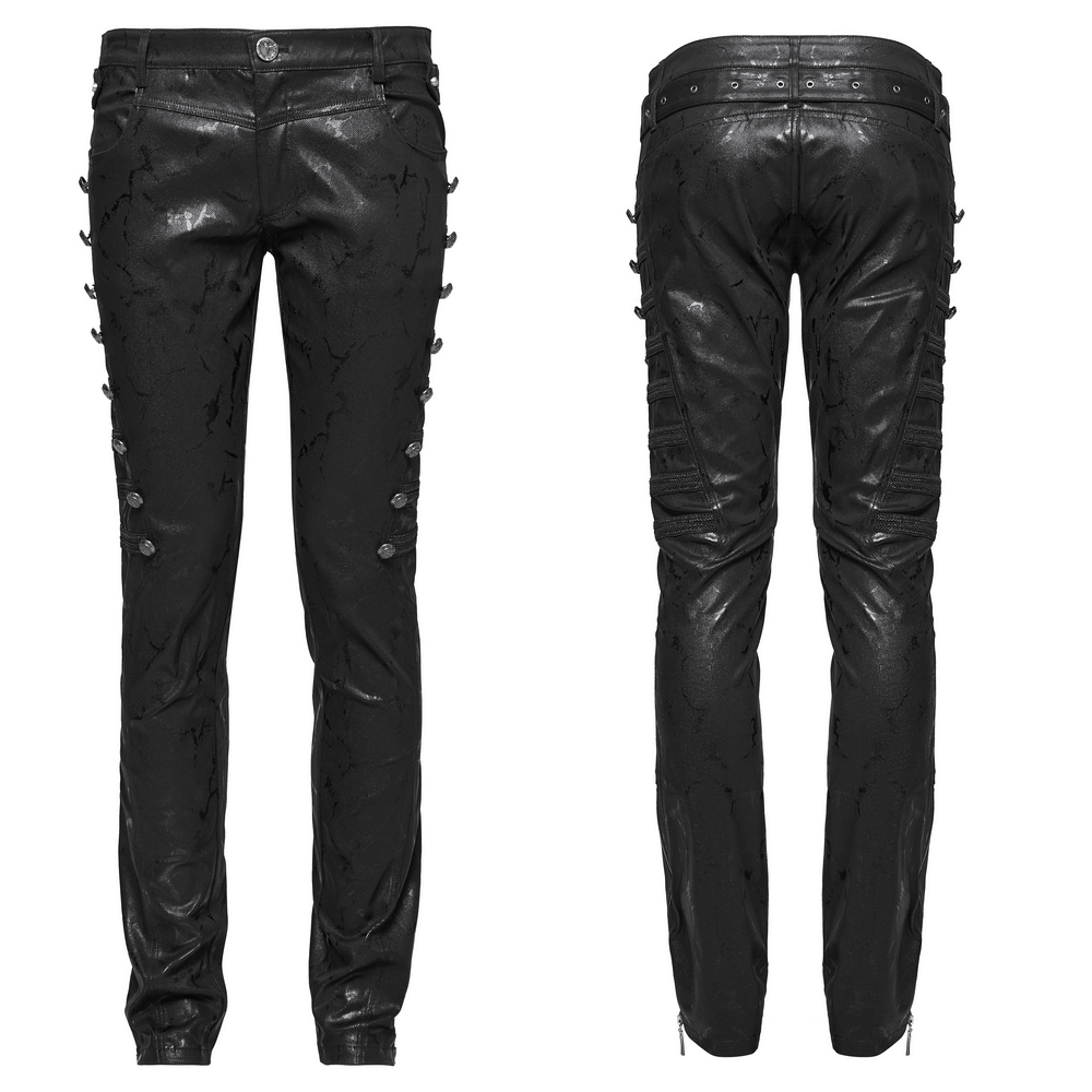 Rivet-side embellished punk rock jeans for men showcasing studded side detailing in sleek black.