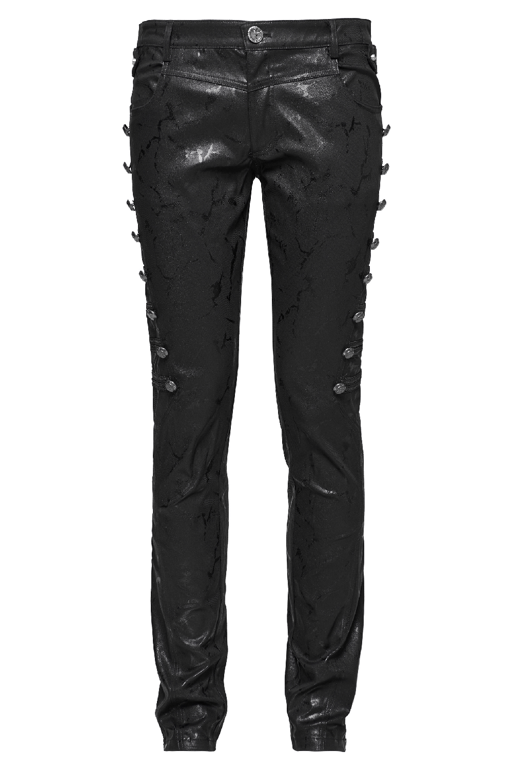 Rivet-side embellished punk rock jeans for men featuring bold side stud detailing and a sleek black finish.
