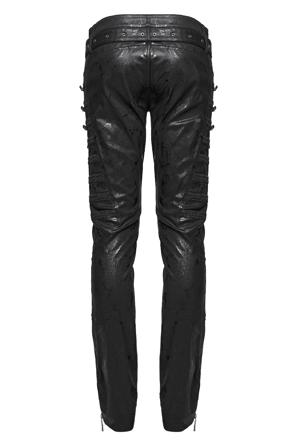 Back view of Rivet-Side Embellished Punk Rock Jeans for Men with studded detailing and sleek black fabric.