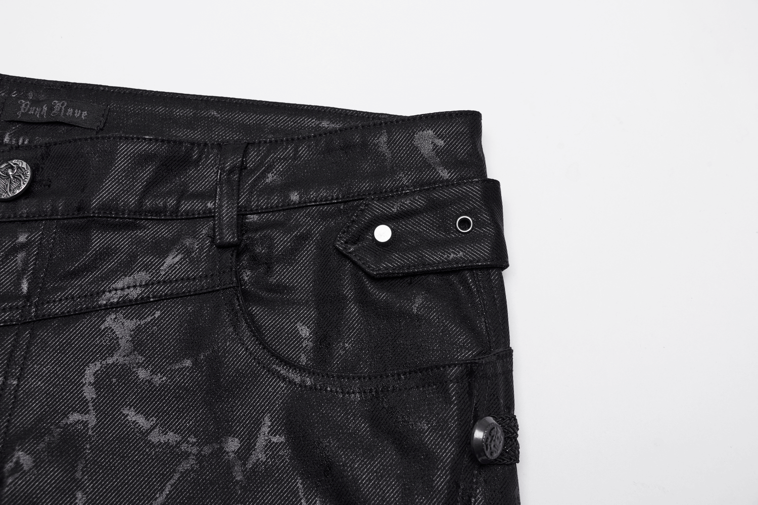 Close-up of Rivet-Side Embellished Punk Rock Jeans showcasing bold studded detailing.