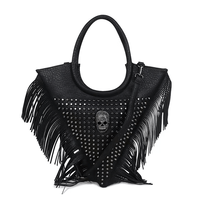 Rivets Skull Crossbody Bag with Tassels / Women's Large Capacity Handbag - HARD'N'HEAVY