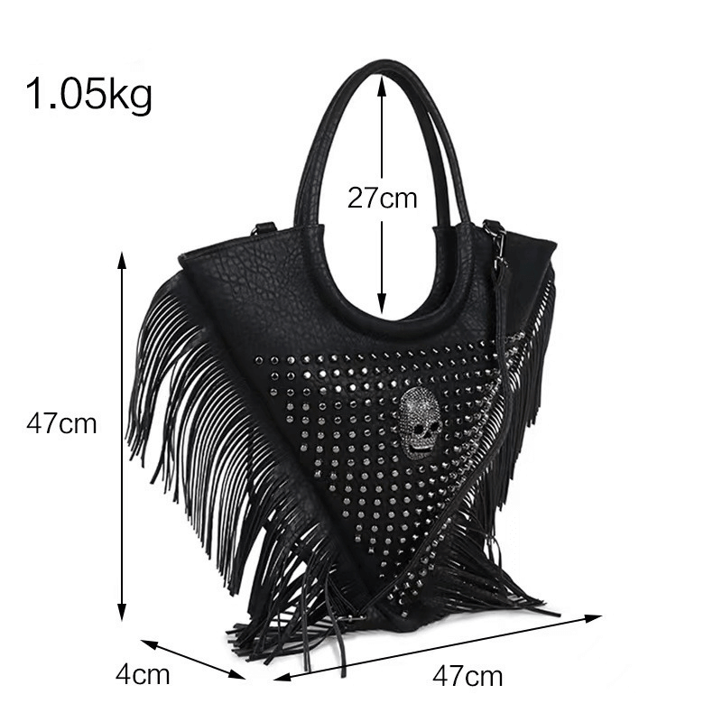 Rivets Skull Crossbody Bag with Tassels / Women's Large Capacity Handbag - HARD'N'HEAVY
