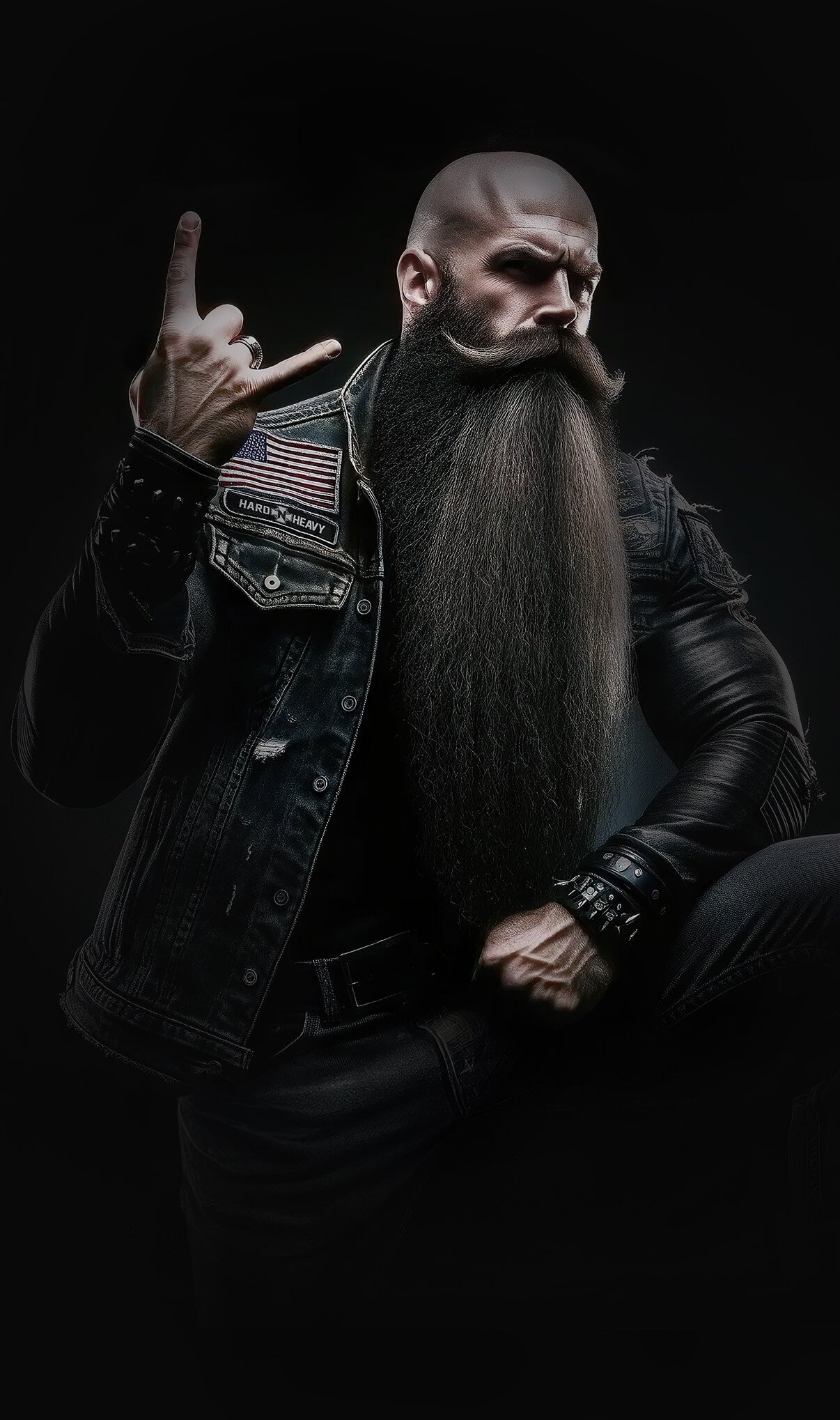 A man with a long, well-groomed beard and bald head is giving the rock and roll sign with his right hand. He wears a black leather jacket and denim vest with a patch of the American flag on the right side.