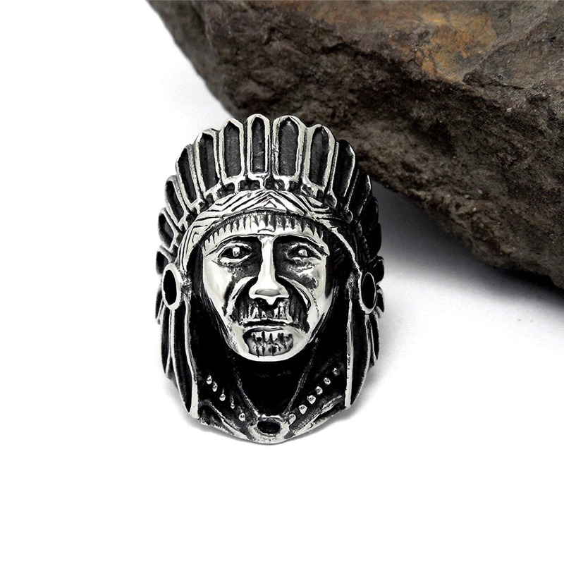 Rock-style stainless steel ring featuring a detailed Indian chief head design, perfect for unique outfits.