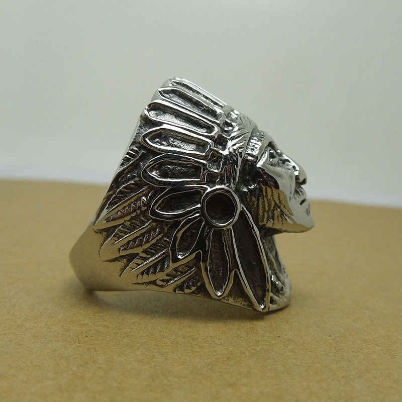 Vintage stainless steel ring featuring detailed Indian chief head design, perfect for rock style outfits.