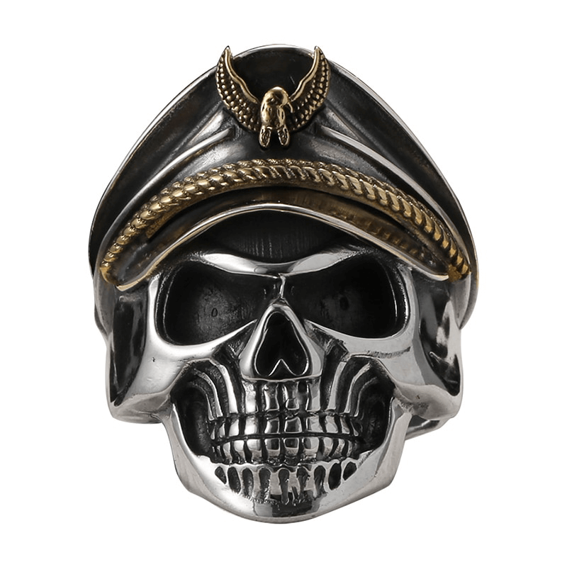 Rock style adjustable ring featuring a detailed pirate captain skull with cap, crafted in sterling silver.