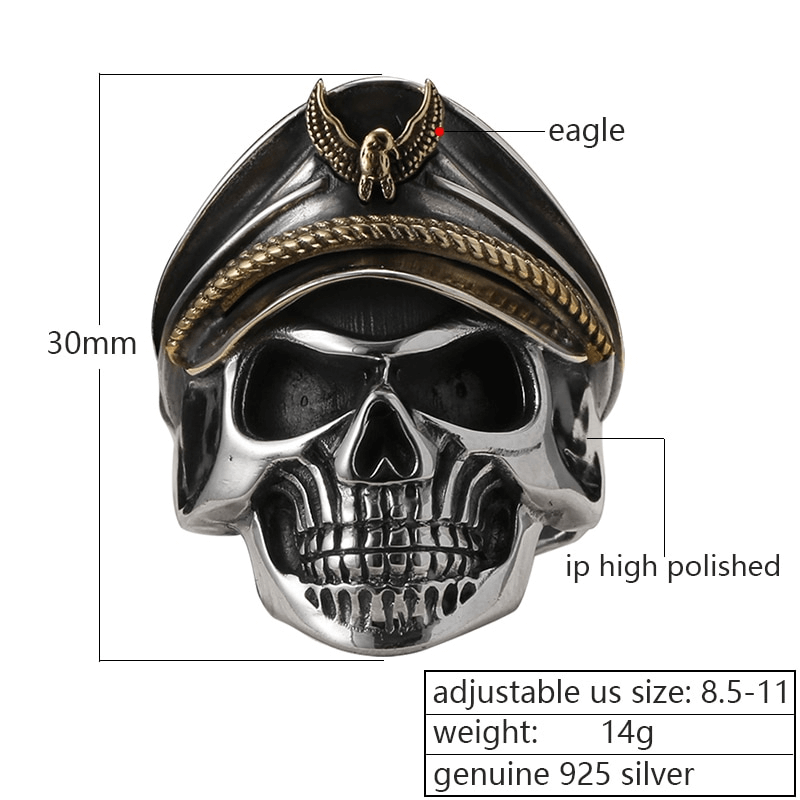 Rock style unisex adjustable ring featuring a pirate captain skull in high polished 925 sterling silver.