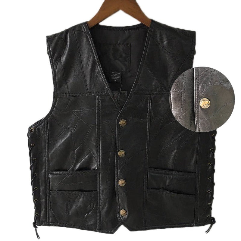 Rock style black leather sleeveless vest for men with decorative laces and pockets, perfect for punk outfits.
