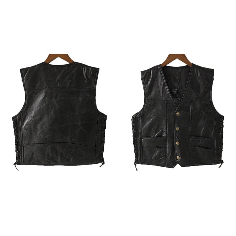 Men's black leather sleeveless vest, rock style with button front and detailed side lacing, perfect for punk outfits.