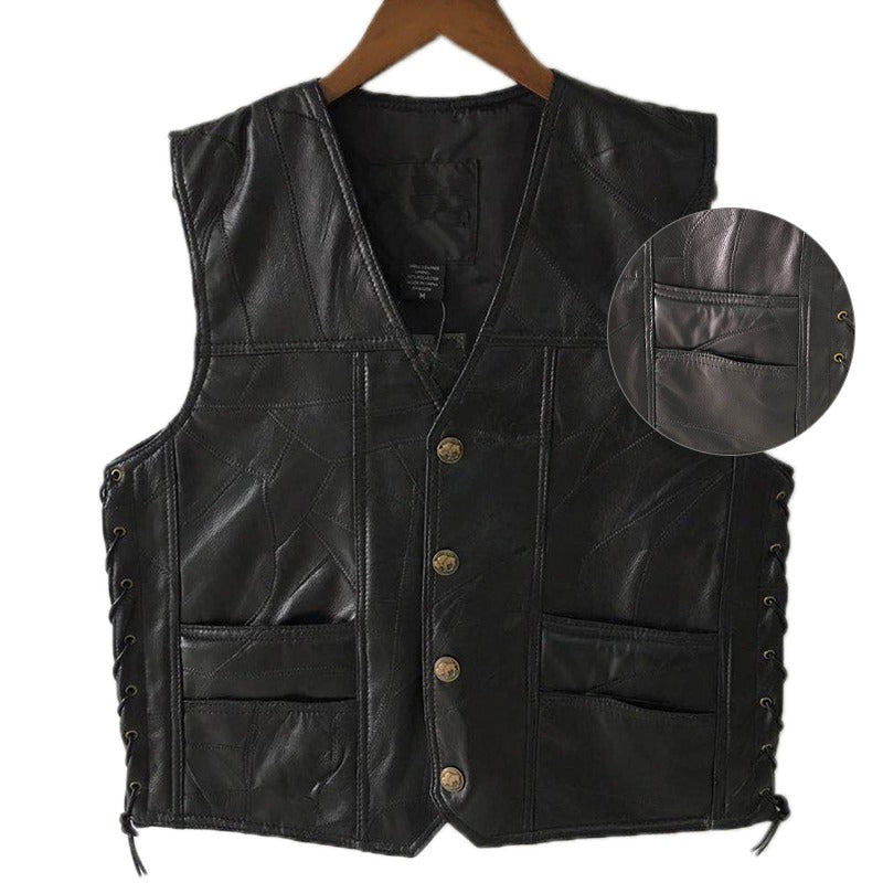 Rock style black leather vest for men, sleeveless design with pockets, perfect for motorcycle and punk outfits.