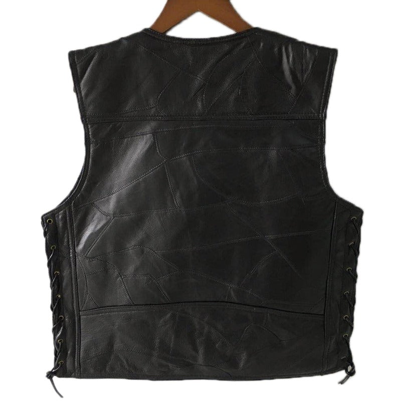 Back view of a sleeveless black leather vest featuring lace-up details, perfect for rock or punk outfits.