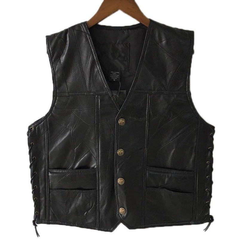 Rock style black leather vest for men, sleeveless jacket with unique design and button detail, perfect for motorcycle enthusiasts.