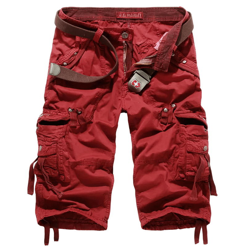 Rock style camouflage loose cargo shorts for men in bold red with pockets and zippers for a military-inspired look.