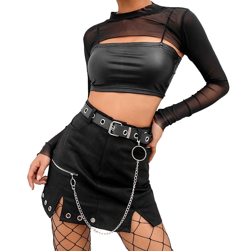 Rock style black mini skirt with ring chain, paired with a sleek crop top and fishnet, perfect for alternative fashion lovers.
