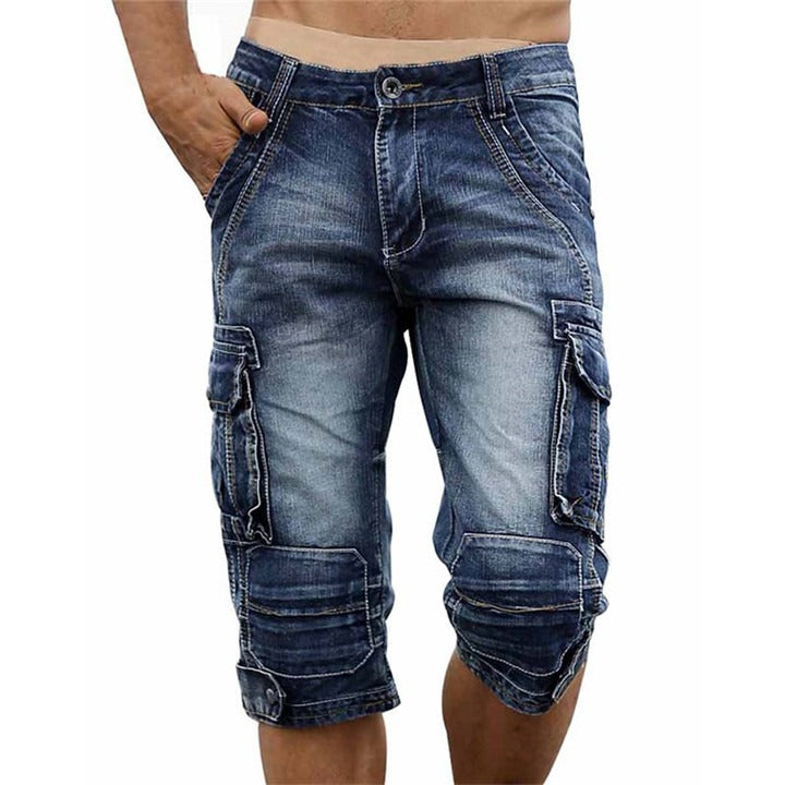Men's rock style cargo shorts in washed denim, perfect for summer casual wear with practical pockets.