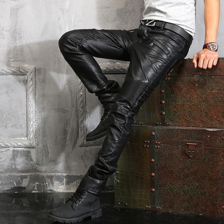 Rock Style Mens Ripped Moto Pants / Faux Leather Pants for Men / Biker Skinny Black Slim Trousers - HARD'N'HEAVY