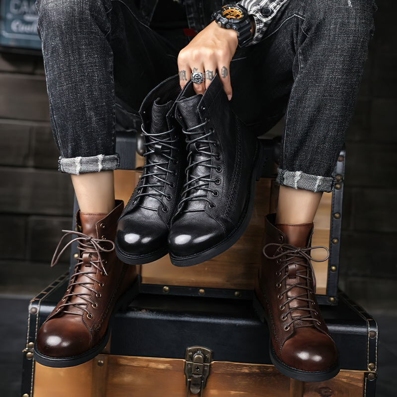 Rock Style PU Leather Men's Boots / Aesthetic Shoes For Men / Vintage Lace-up Ankle Boots - HARD'N'HEAVY