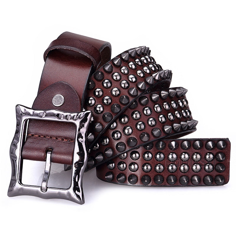 Rock Style Rivet Genuine Leather Belt with pin buckle, stylish brown color, perfect for unisex alternative fashion.