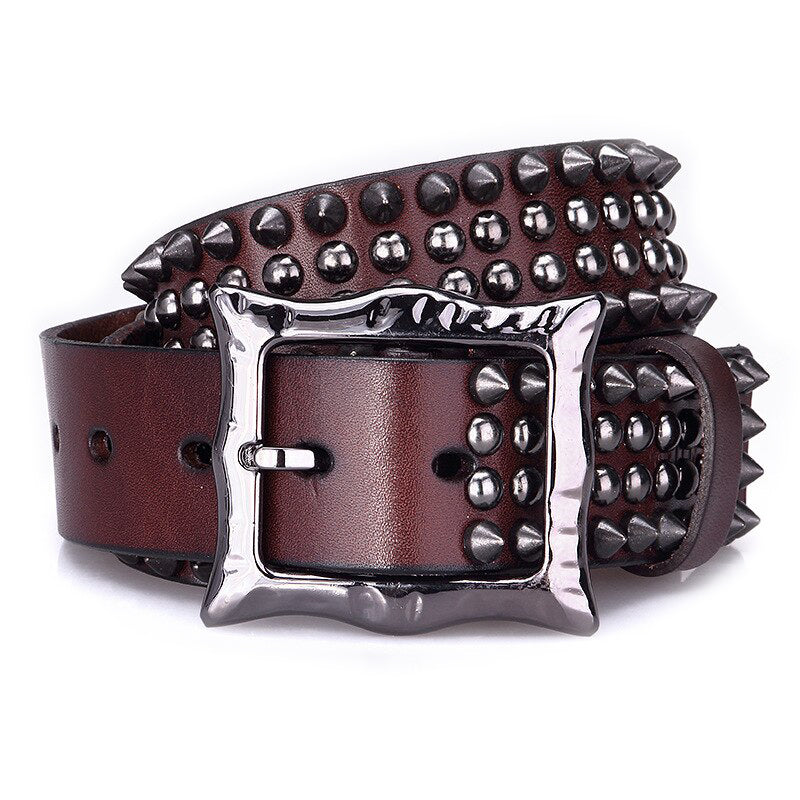 Rock Style Rivet Genuine Leather Belt with silver buckle, perfect for unisex alternative fashion and rock party outfits.