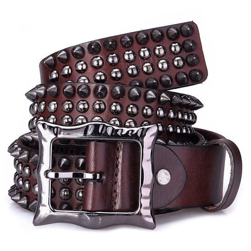 Rock style rivet genuine leather belt with silver accents - unisex alternative fashion accessory for concerts.