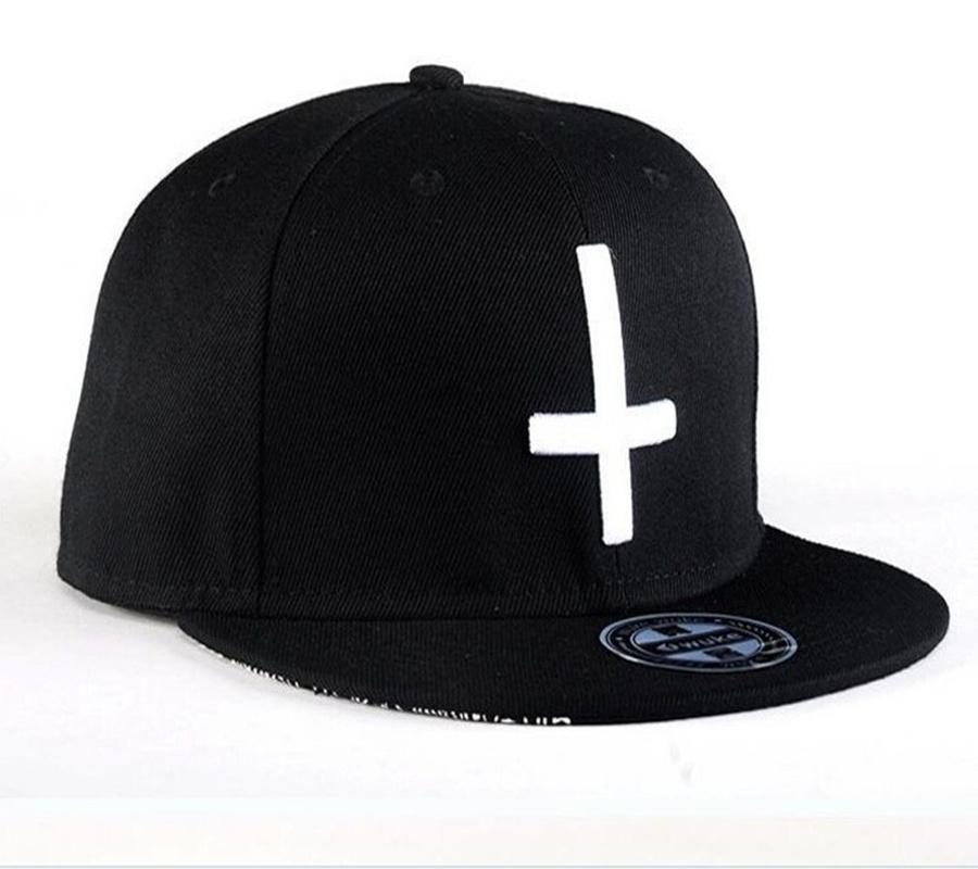 Rock style black snapback baseball cap with white cross embroidery, perfect for casual events and stylish outfits.
