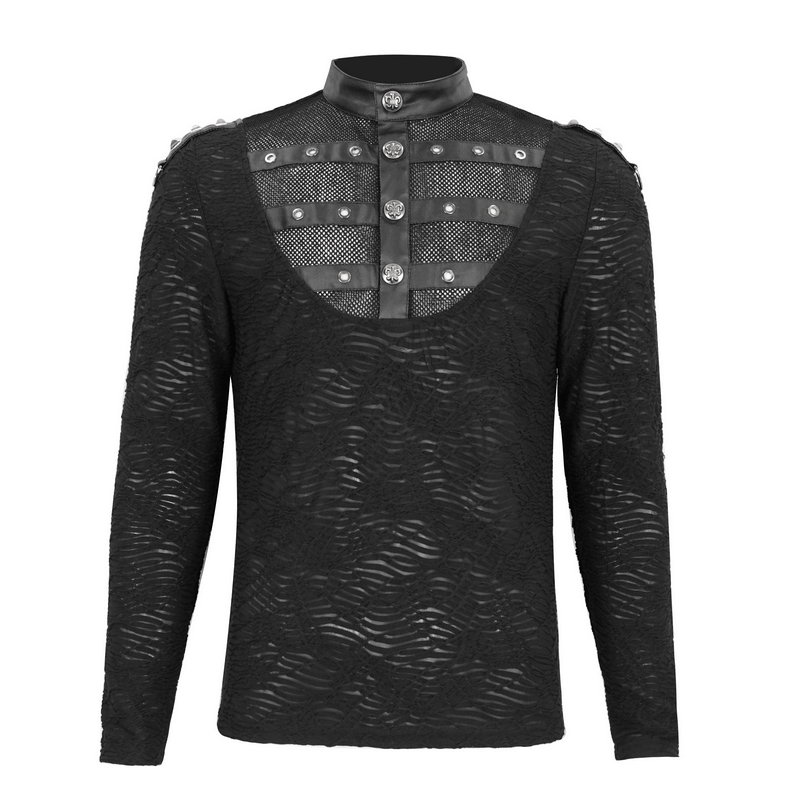 Rock Style Black Top with Stand Collar, Buttons, and Rivets - Textured for a bold look.