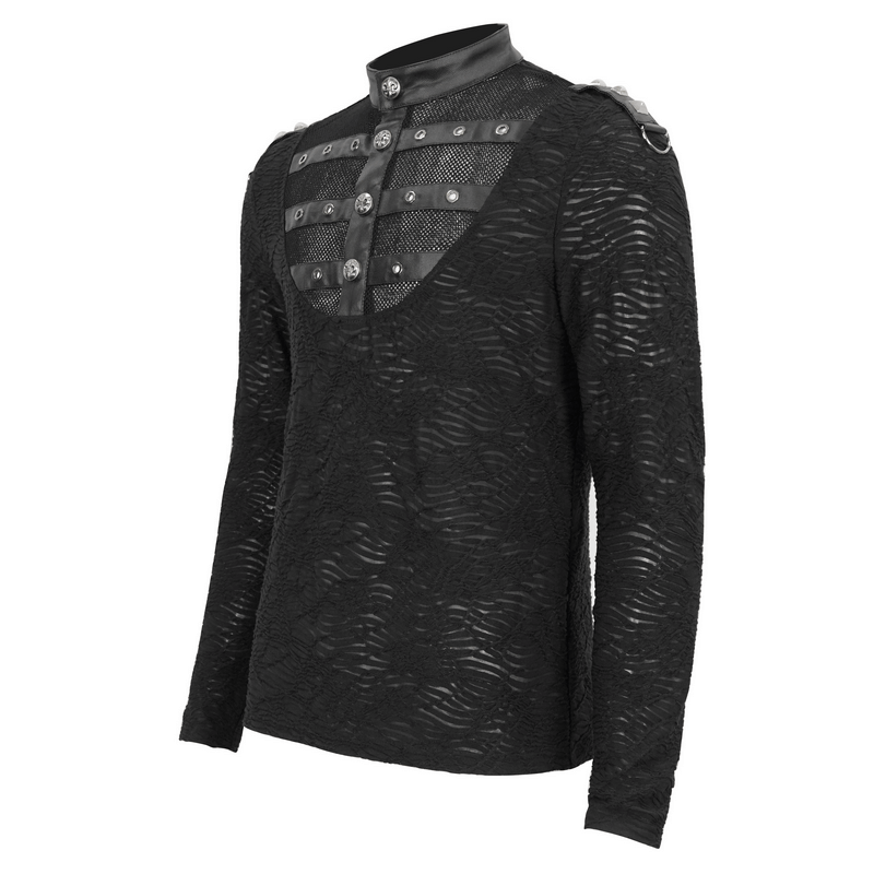 Rock style textured black stand collar top with buttons and rivets for a bold look.
