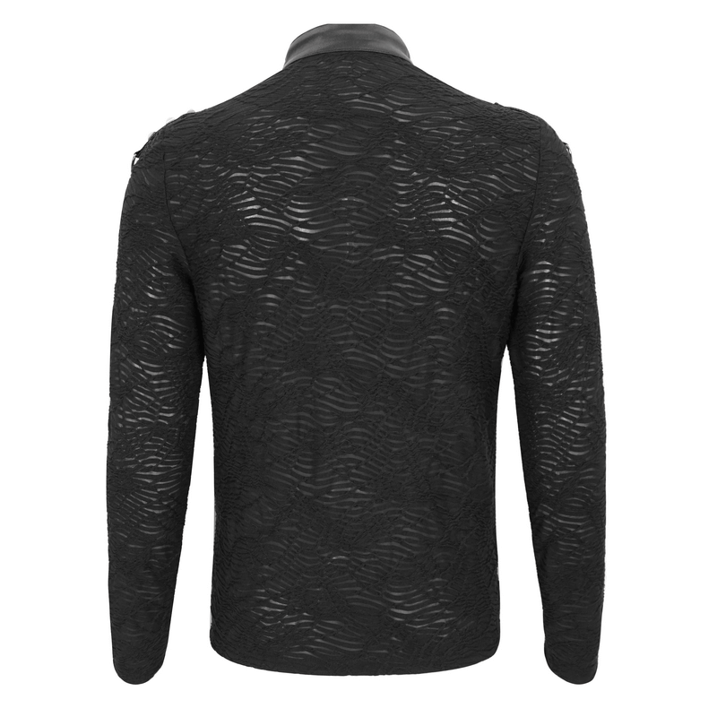 Textured black men's top with stand collar, featuring wave patterns and stylish button details on the back.